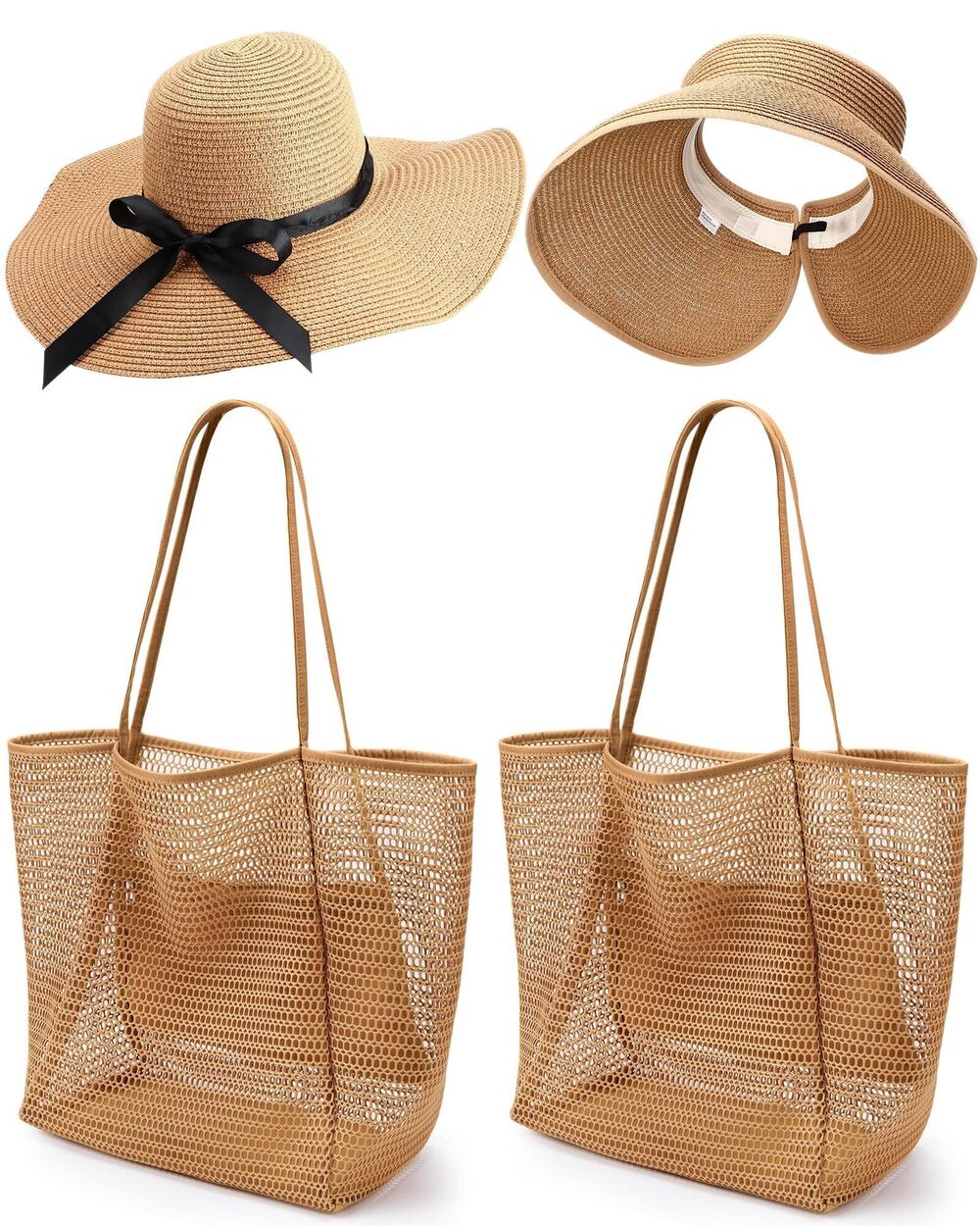 7407 4 Pcs Beach Vacation Essentials 2 Pack Beach Mesh Tote Bag 2 Pack Sun